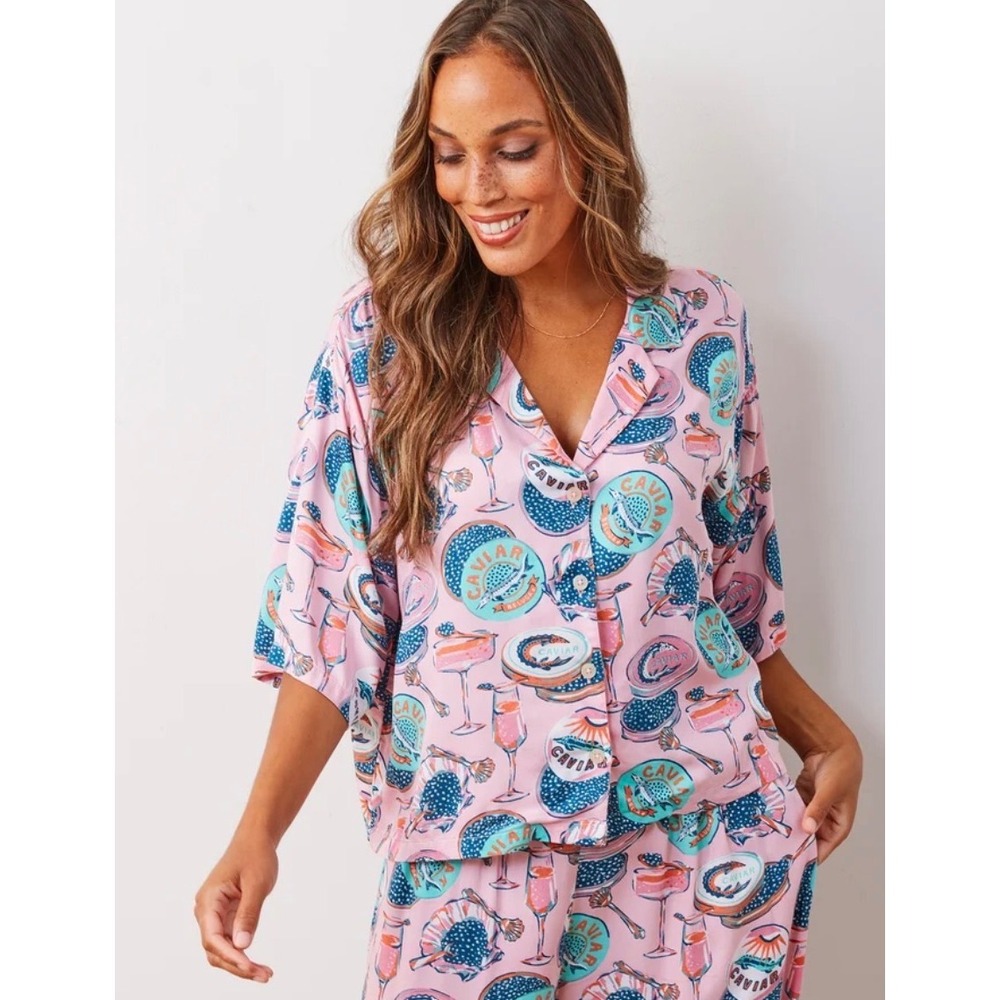 Printfresh Caviar Champagne Pajama Top Pink Short Sleeve Sleep Shirt Small